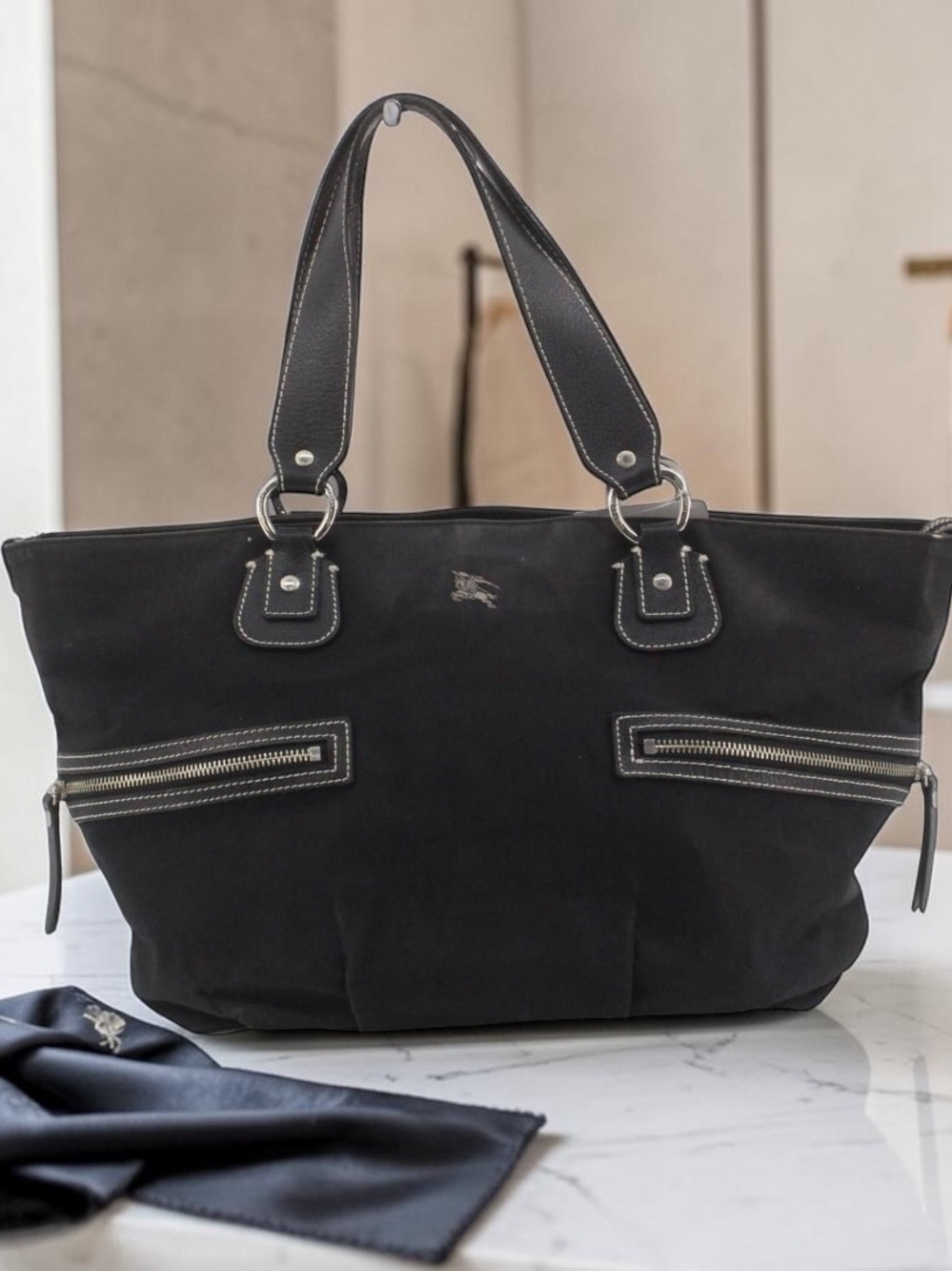 Authentic BURBERRY Black Canvas Tote Bag • Y2K Minimalist Quiet Luxury Tote COA